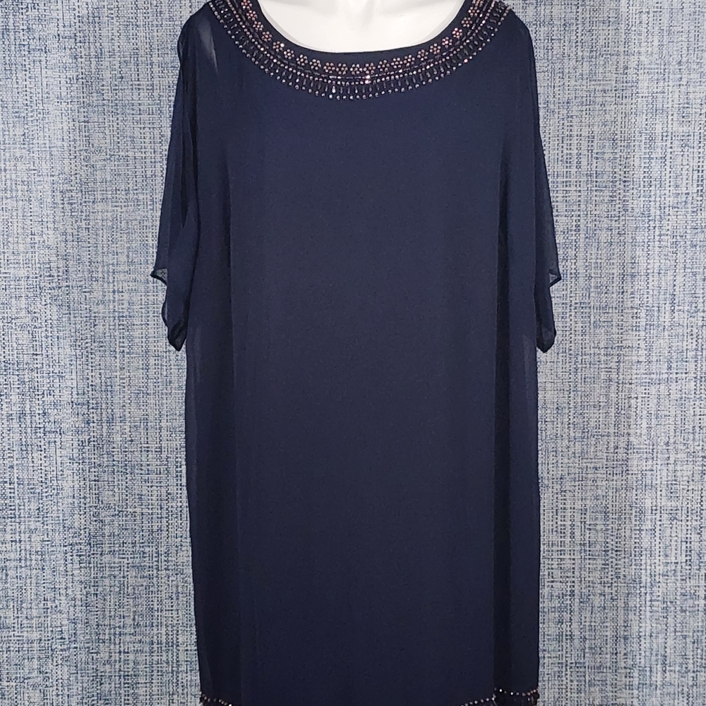 Elegant Navy Beaded Shift Dress – Size 18W – Evening / Wedding Guest